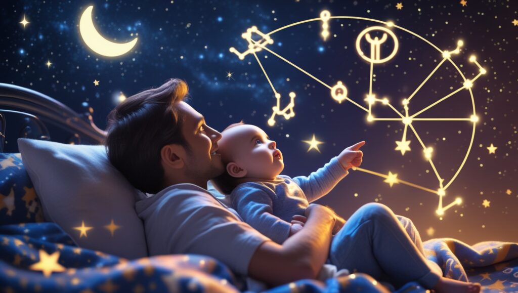 Parent and baby bonding under zodiac constellations, symbolizing astrological compatibility and cosmic love.