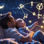 Parent and baby bonding under zodiac constellations, symbolizing astrological compatibility and cosmic love.